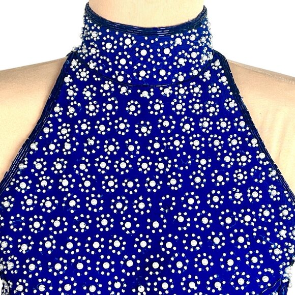 VTG 90s Ibiza Silk Hand Beaded Halter Neck Column Gown S Maxi Dress Royal Blue - Picture 3 of 12